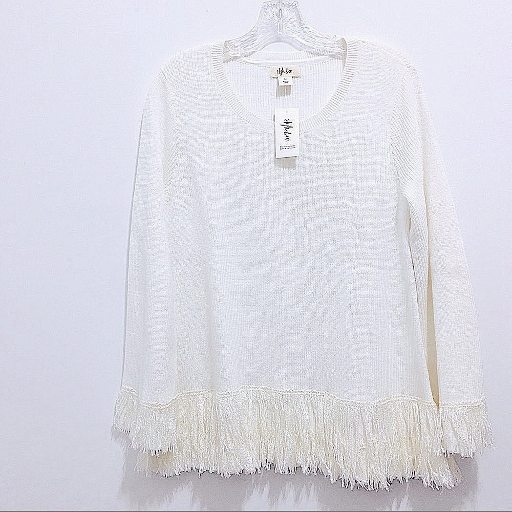 Style & Co Women’s Fringe Ribbed Knit Top White Medium